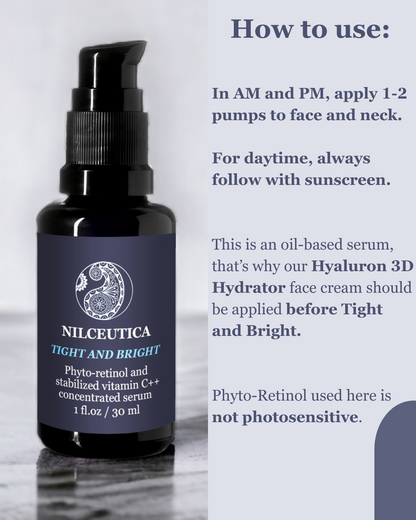 TIGHT AND BRIGHT, an Advanced Gentle Phyto-Retinol and Vitamin C Face Serum, 12 Innovative Technologies, 55% High-Performance Cosmeceuticals